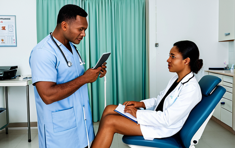 **
A doctor in a clean, modern clinic in Suriname, fully clothed in professional attire, examining a patient. The patient is also fully clothed. The scene showcases medical equipment and a friendly environment. Safe for work, appropriate content, family-friendly, professional setting, perfect anatomy, natural proportions.
**